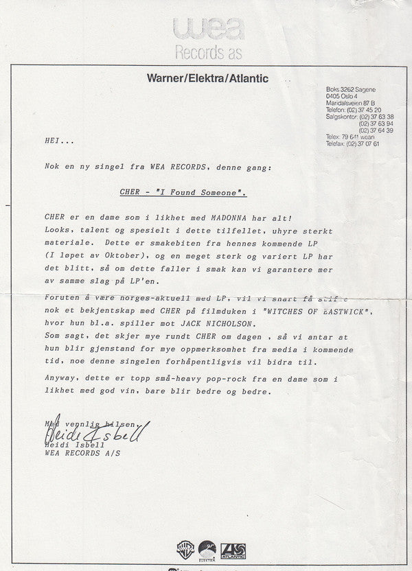 Cher : I Found Someone (7", Single)