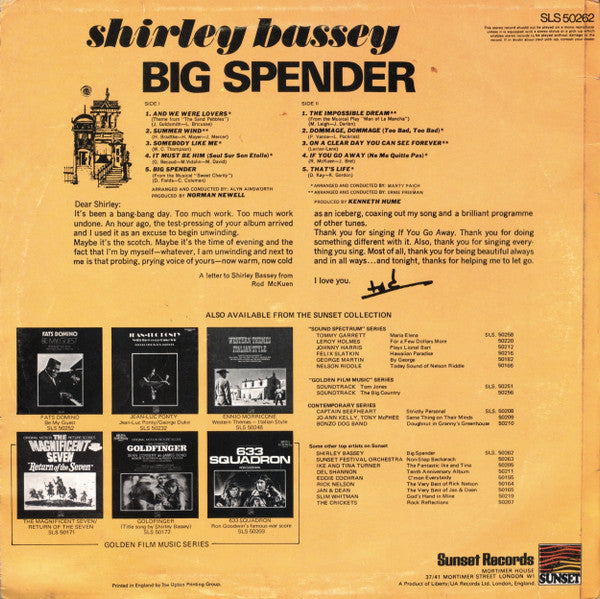 Shirley Bassey : Big Spender (LP, Album, RE)