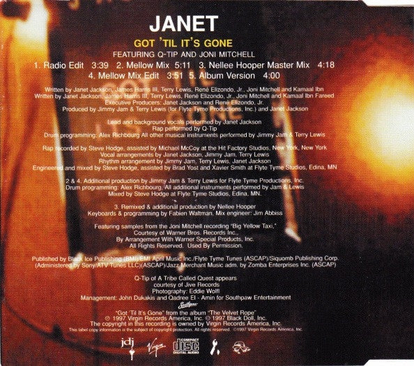 Janet Jackson Featuring Q-Tip And Joni Mitchell : Got 'Til It's Gone (CD, Single, Yel)