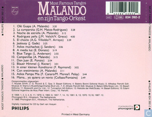 Malando And His Tango Orchestra : Most Famous Tangos  (CD, Comp)