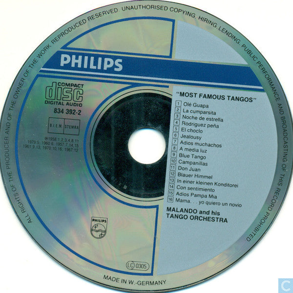 Malando And His Tango Orchestra : Most Famous Tangos  (CD, Comp)