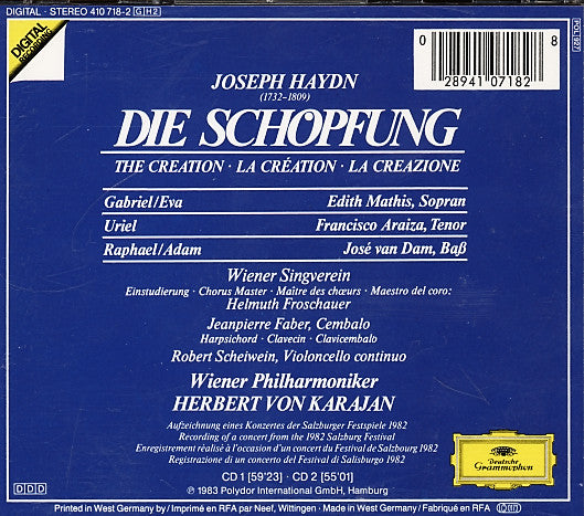 Joseph Haydn, Wiener Philharmoniker, Herbert von Karajan, Wiener Singverein, Edith Mathis, Francisco Araiza, José van Dam : Die Schöpfung = The Creation = La Creation (2xCD, Album, RE)