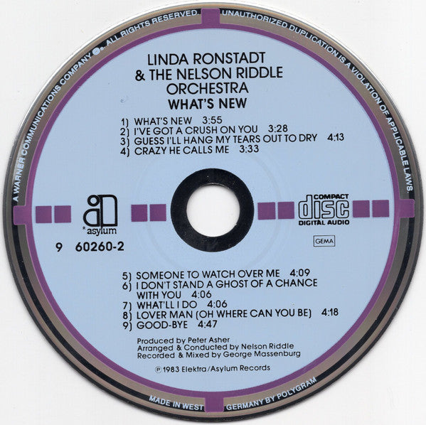 Linda Ronstadt & Nelson Riddle And His Orchestra : What's New (CD, Album, Tar)