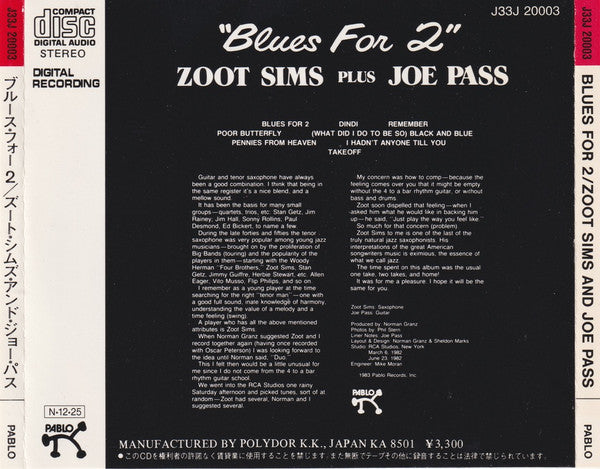 Zoot Sims Plus Joe Pass : Blues For 2 (CD)