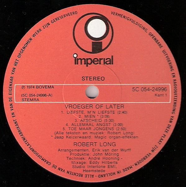 Robert Long : Vroeger Of Later (LP, Album, Red)