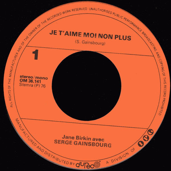 Jane Birkin Avec Serge Gainsbourg : Je T'aime Moi Non Plus (7", Single, RE)