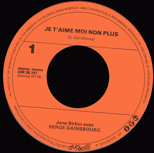 Jane Birkin Avec Serge Gainsbourg : Je T'aime Moi Non Plus (7", Single, RE)
