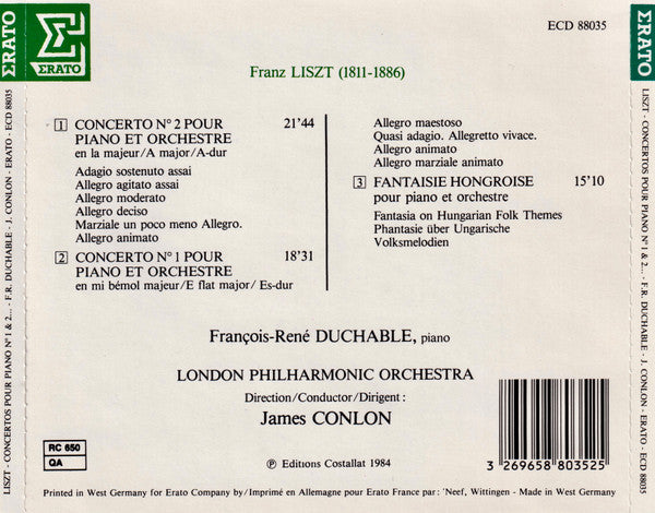 Franz Liszt - François-René Duchâble, London Philharmonic Orchestra, James Conlon : Concertos Pour Piano Nº 1 & 2 / Fantaisie Hongroise (CD, Album, RE)