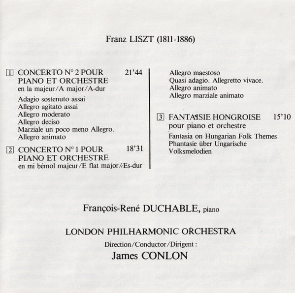 Franz Liszt - François-René Duchâble, London Philharmonic Orchestra, James Conlon : Concertos Pour Piano Nº 1 & 2 / Fantaisie Hongroise (CD, Album, RE)