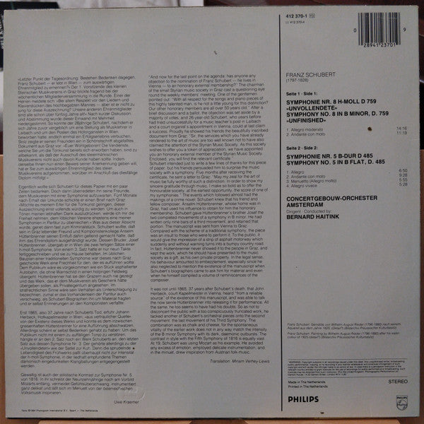 Franz Schubert - Concertgebouworkest, Bernard Haitink : Symphonies No. 5 And No. 8 «Unfinished» (LP, RE)