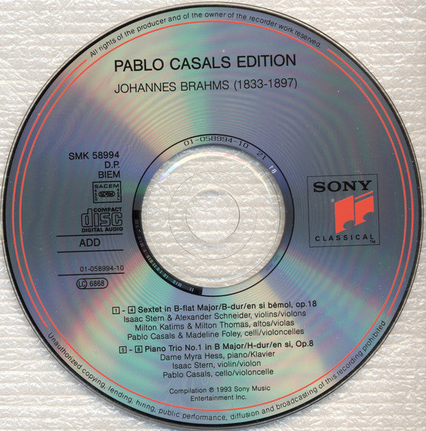 Pablo Casals, Johannes Brahms : Sextet No. 1 / Piano Trio No. 1 (CD, Comp)