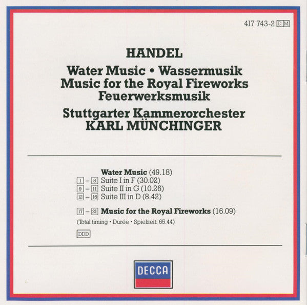 Georg Friedrich Händel : Stuttgarter Kammerorchester / Karl Münchinger : Water Music · Wassermusik · Feuerwerksmusik (CD)