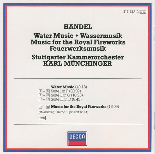 Georg Friedrich Händel : Stuttgarter Kammerorchester / Karl Münchinger : Water Music · Wassermusik · Feuerwerksmusik (CD)