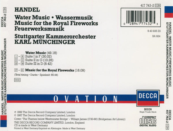 Georg Friedrich Händel : Stuttgarter Kammerorchester / Karl Münchinger : Water Music · Wassermusik · Feuerwerksmusik (CD)