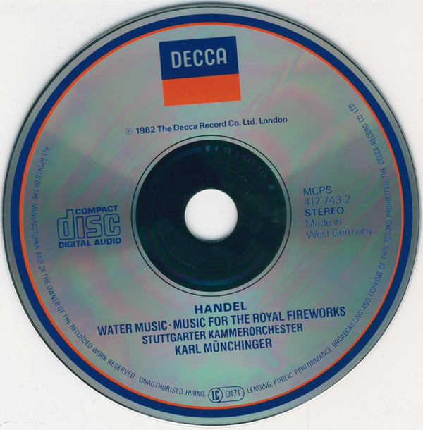 Georg Friedrich Händel : Stuttgarter Kammerorchester / Karl Münchinger : Water Music · Wassermusik · Feuerwerksmusik (CD)