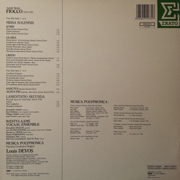 J.H. Fiocco* - Westvlaams Vocaal Ensemble*, Musica Polyphonica, Louis Devos : Missa Solemnis (LP)