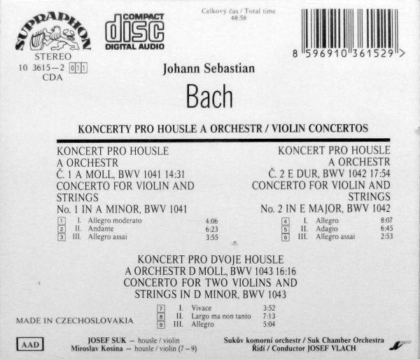 Johann Sebastian Bach, Josef Suk, Miroslav Kosina, Suk Chamber Orchestra, Josef Vlach : Violin Concertos Nos.1 And 2 / Concerto For 2 Violins And Strings (CD, Album)
