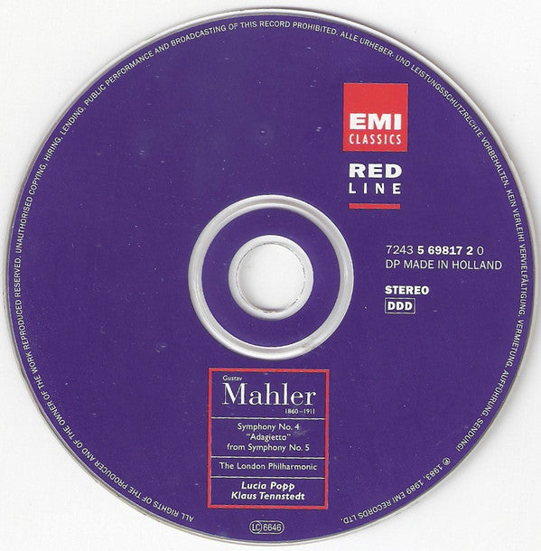 Gustav Mahler, Lucia Popp, Klaus Tennstedt - London Philharmonic Orchestra : Symphony No. 4 / "Adagietto" From Symphony No. 5 (CD)