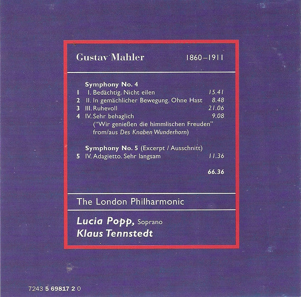 Gustav Mahler, Lucia Popp, Klaus Tennstedt - London Philharmonic Orchestra : Symphony No. 4 / "Adagietto" From Symphony No. 5 (CD)