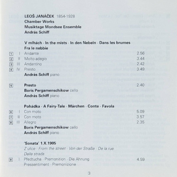 Musiktage Mondsee artistic director András Schiff - Leoš Janáček : Sonata 1.X.1905, In The Mist, Pohádka For Cello & Piano (CD, Album)