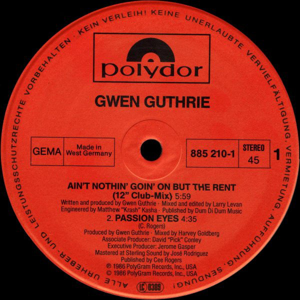 Gwen Guthrie : Ain't Nothin' Goin' On But The Rent (12", Single)