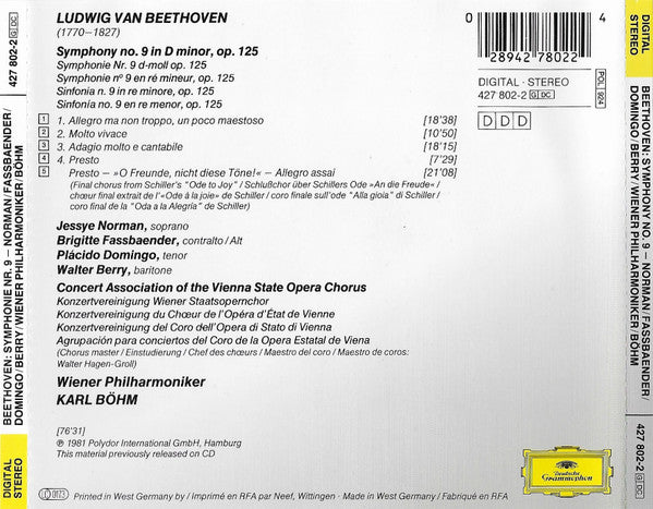 Ludwig van Beethoven - Jessye Norman, Brigitte Fassbaender, Placido Domingo, Walter Berry, Wiener Philharmoniker, Karl Böhm : Symphonie No. 9 (CD, Album)