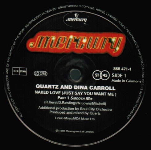 Quartz (2) With Dina Carroll : Naked Love (Just Say You Want Me) (12", Bla)