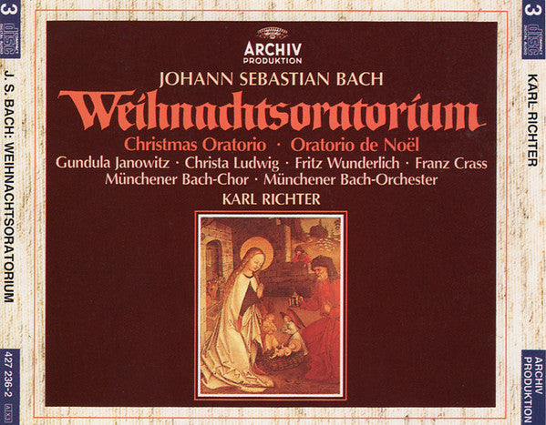 Johann Sebastian Bach, Gundula Janowitz, Christa Ludwig, Fritz Wunderlich, Franz Crass, Münchener Bach-Chor, Münchener Bach-Orchester, Karl Richter : Weihnachtsoratorium = Christmas Oratorio = Oratorio de Noel BWV 248 (3xCD, Album, RE)