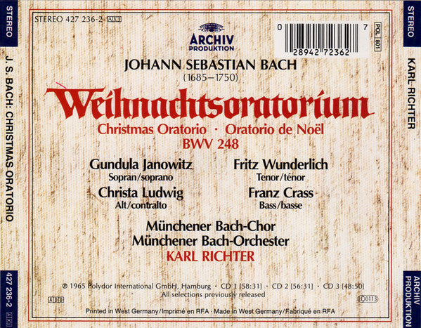 Johann Sebastian Bach, Gundula Janowitz, Christa Ludwig, Fritz Wunderlich, Franz Crass, Münchener Bach-Chor, Münchener Bach-Orchester, Karl Richter : Weihnachtsoratorium = Christmas Oratorio = Oratorio de Noel BWV 248 (3xCD, Album, RE)