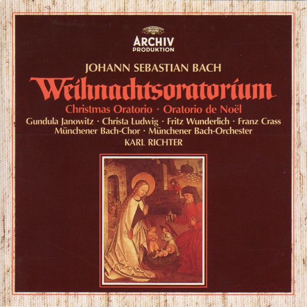 Johann Sebastian Bach, Gundula Janowitz, Christa Ludwig, Fritz Wunderlich, Franz Crass, Münchener Bach-Chor, Münchener Bach-Orchester, Karl Richter : Weihnachtsoratorium = Christmas Oratorio = Oratorio de Noel BWV 248 (3xCD, Album, RE)