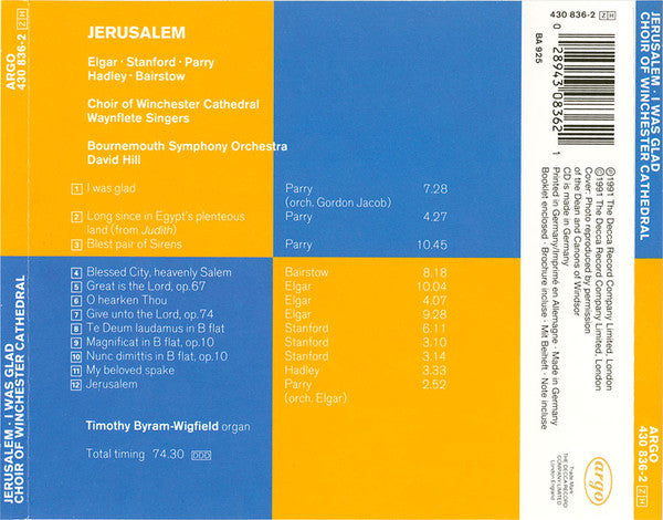 Charles Hubert Hastings Parry • Charles Villiers Stanford • Sir Edward Elgar, Winchester Cathedral Choir, The Waynflete Singers, Bournemouth Symphony Orchestra, David Hill : Jerusalem (I Was Glad • Blest Pair Of Sirens) (CD, Album)