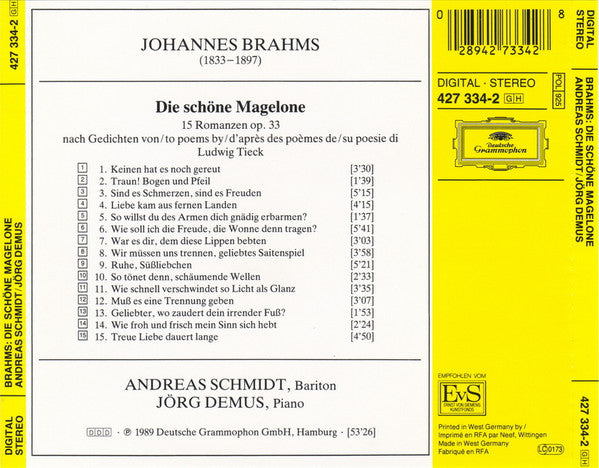 Johannes Brahms, Andreas Schmidt (2) ∙ Jörg Demus : Die Schöne Magelone (CD)