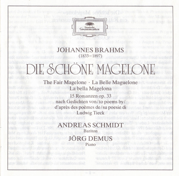 Johannes Brahms, Andreas Schmidt (2) ∙ Jörg Demus : Die Schöne Magelone (CD)