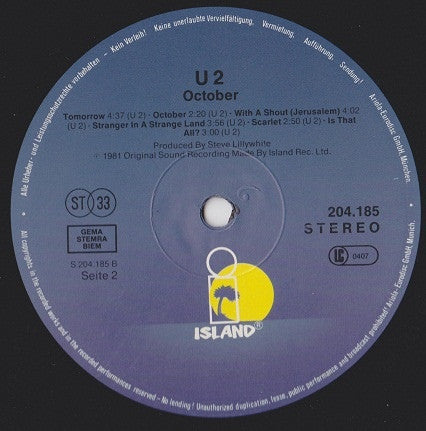 U2 : October (LP, Album, RE)