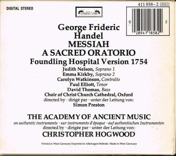 Georg Friedrich Händel - Judith Nelson, Emma Kirkby, Carolyn Watkinson, Paul Elliott, David Thomas (9), The Choir Of Christ Church Cathedral, The Academy Of Ancient Music, Christopher Hogwood : Messiah · A Sacred Oratorio (3xCD, Album, RE + Box)