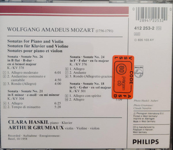 Mozart*, Clara Haskil, Arthur Grumiaux : 4 Sonaten Für Klavier Und Violine KV 301/304/376 & 378 = 4 Sonatas For Piano And Violin (CD, Album, RE, RM, Pol)