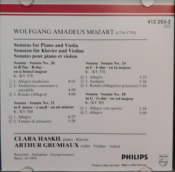 Mozart*, Clara Haskil, Arthur Grumiaux : 4 Sonaten Für Klavier Und Violine KV 301/304/376 & 378 = 4 Sonatas For Piano And Violin (CD, Album, RE, RM, Pol)
