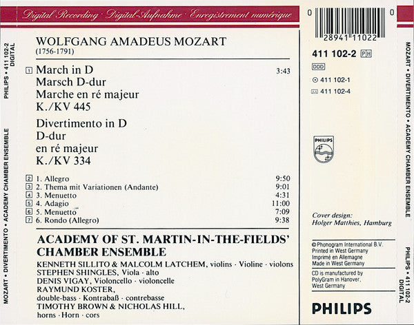 Wolfgang Amadeus Mozart, Academy Of St. Martin-in-the-Fields Chamber Ensemble : Divertimento KV 334 • March KV 445 (CD, Album)