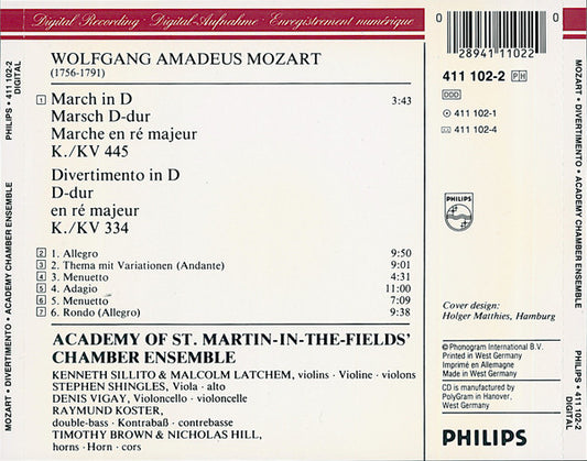 Wolfgang Amadeus Mozart, Academy Of St. Martin-in-the-Fields Chamber Ensemble : Divertimento KV 334 • March KV 445 (CD, Album)