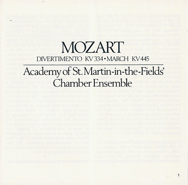 Wolfgang Amadeus Mozart, Academy Of St. Martin-in-the-Fields Chamber Ensemble : Divertimento KV 334 • March KV 445 (CD, Album)
