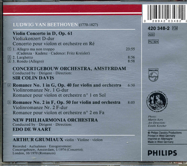 Ludwig van Beethoven - Arthur Grumiaux, Concertgebouworkest, Sir Colin Davis, Philharmonia Orchestra, Edo de Waart : Violin Concerto / Violin Romances Nos. 1 & 2 (CD, Comp, RE, RM)