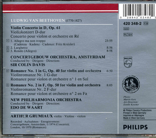 Ludwig van Beethoven - Arthur Grumiaux, Concertgebouworkest, Sir Colin Davis, Philharmonia Orchestra, Edo de Waart : Violin Concerto / Violin Romances Nos. 1 & 2 (CD, Comp, RE, RM)