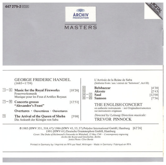 Georg Friedrich Händel - The English Concert, Trevor Pinnock : Handel: Royal Fireworks Music; Concerto Grosso "Alexander's Feast"; Ouvertures (CD, Album)