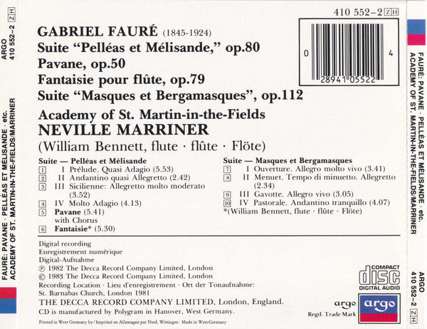 Gabriel Fauré - The Academy Of St. Martin-in-the-Fields · Sir Neville Marriner : Pavane • Pelléas Et Mélisande • Masques Et Bergamasques Suite • Fantaisie For Flute (CD, Album)