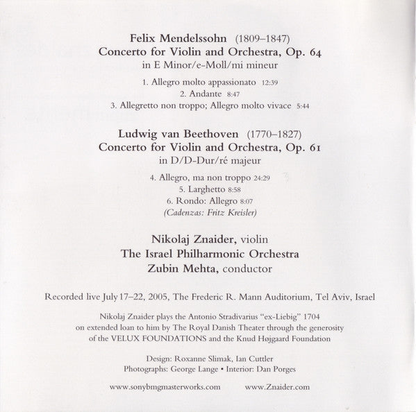 Ludwig van Beethoven . Felix Mendelssohn-Bartholdy, Nikolaj Znaider, Israel Philharmonic Orchestra, Zubin Mehta : Violin Concertos (CD)