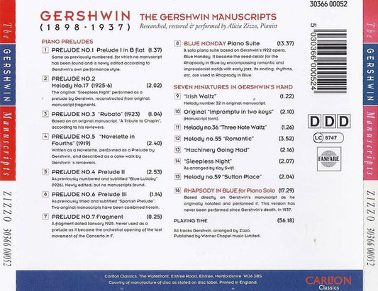 Alicia Zizzo, George Gershwin : The Gershwin Manuscripts. Researched, Restored & Performed By Alicia Zizzo, Pianist. (CD, Album)