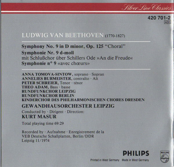 Ludwig van Beethoven / Kurt Masur : Symphonie Nr. 9 (CD, Album, RM, RP)