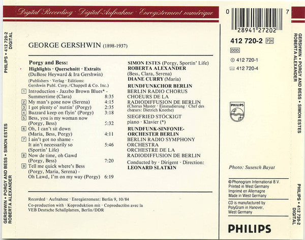 George Gershwin - Simon Estes, Roberta Alexander, Rundfunk-Sinfonieorchester Berlin, Leonard Slatkin : Porgy And Bess (Highlights • Querschnitt)  (CD, Album, RE)