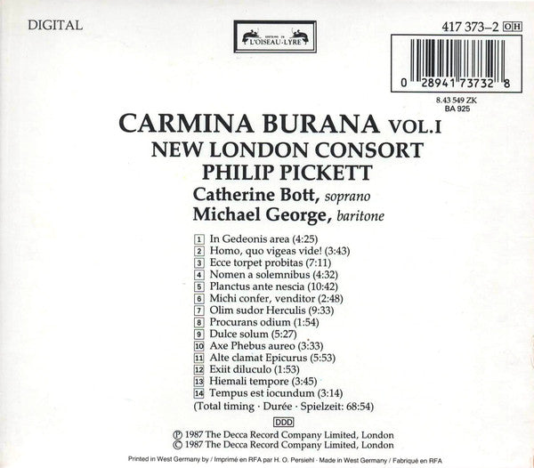 New London Consort / Philip Pickett : Carmina Burana Vol. 1 (CD, Album, RE)