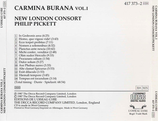 New London Consort / Philip Pickett : Carmina Burana Vol. 1 (CD, Album, RE)